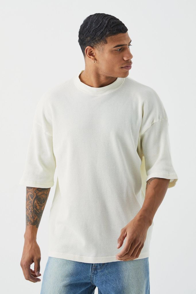 Men's Oversized Extended Neck Waffle T-Shirt - Cream - S, Cream