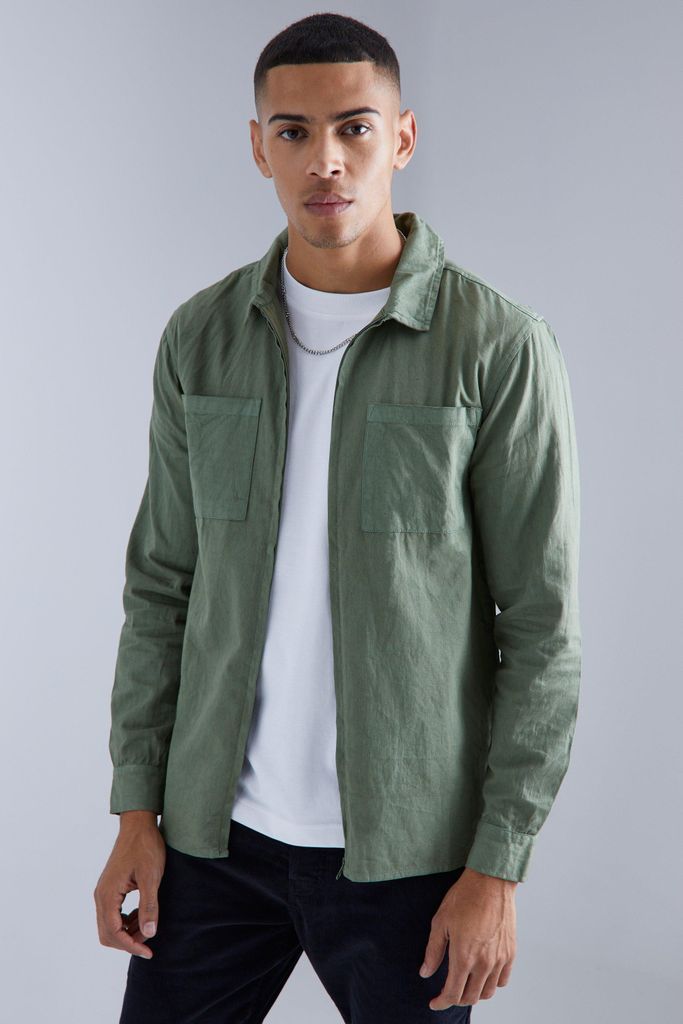 Men's Oversized Overdyed Zip Through Pocket Overshirt - Green - S, Green