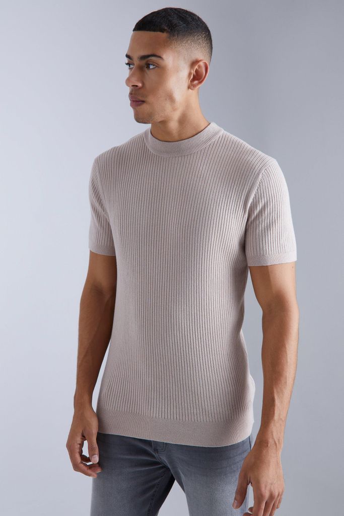 Men's Ribbed Short Sleeve Extended Neck Knitted T-Shirt - Beige - S, Beige