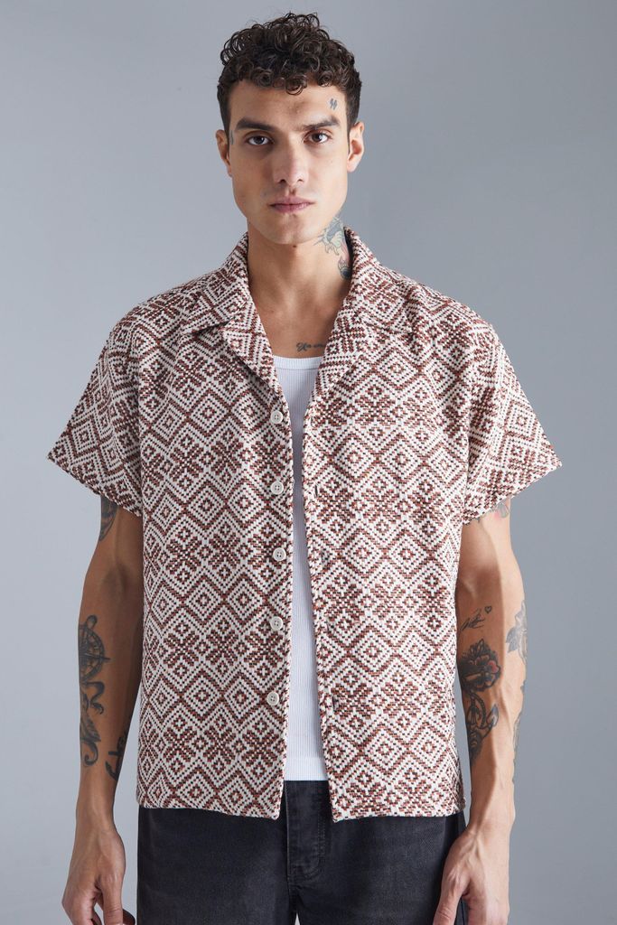Men's Short Sleeve Boxy Floral Patterned Jacquard Shirt - Brown - S, Brown