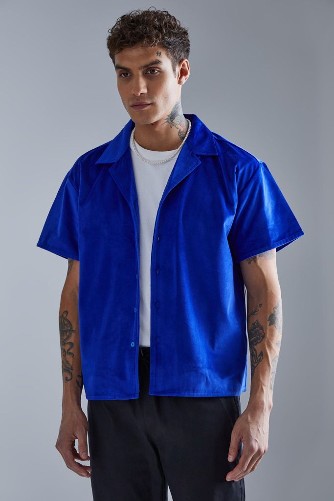 Men's Short Sleeve Boxy Velour Shirt - Blue - S, Blue