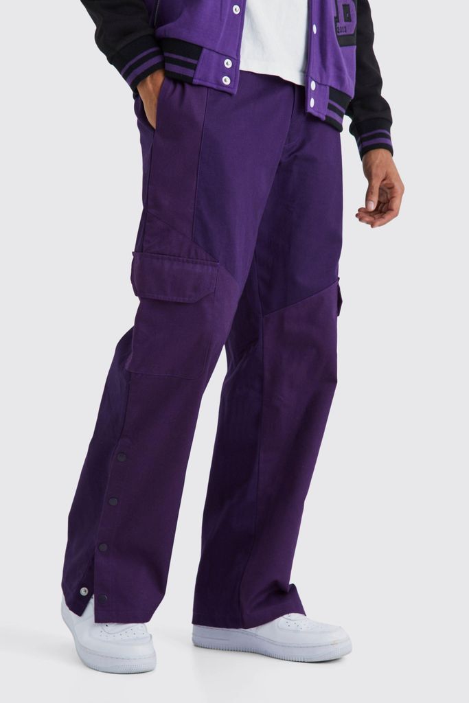 Men's Slim Fit Colour Block Cargo Trouser With Woven Tab - Purple - 28, Purple