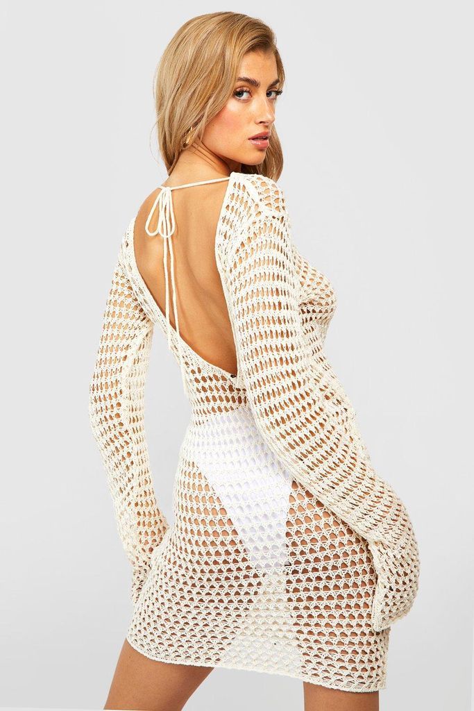 Womens Crochet Low Back Mini Beach Cover Up Dress - White - L, White