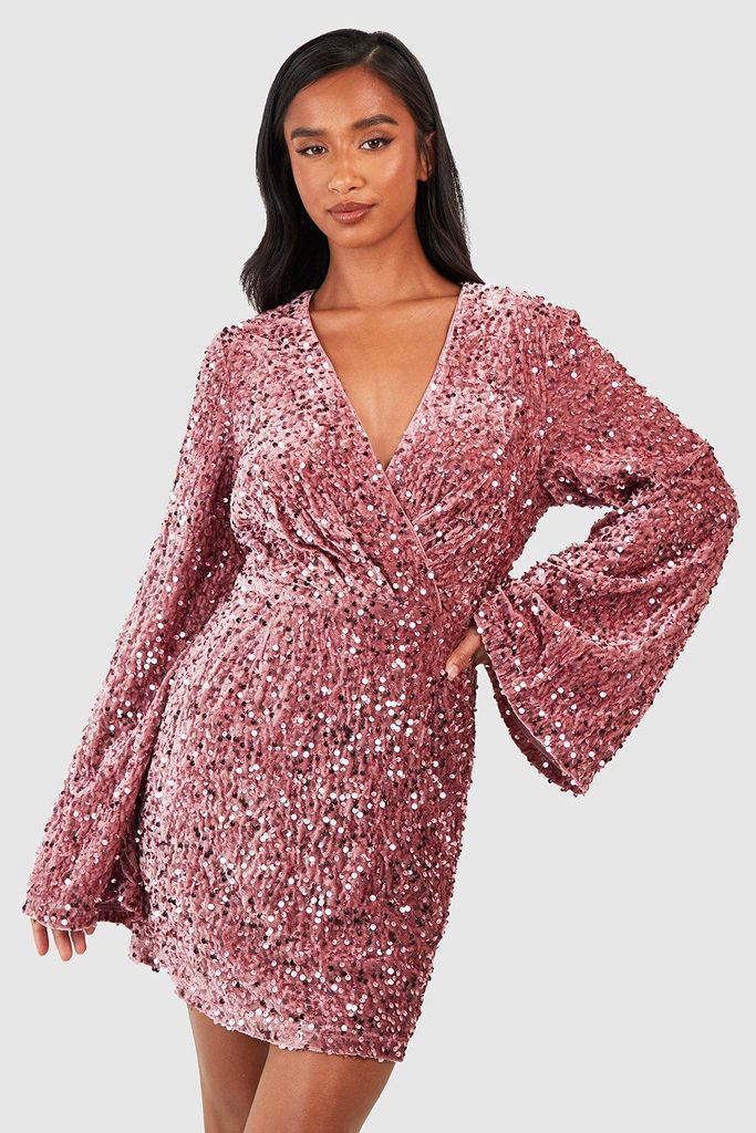 Womens Petite Velvet Sequin Flare Sleeve Wrap Dress - Pink - 8, Pink