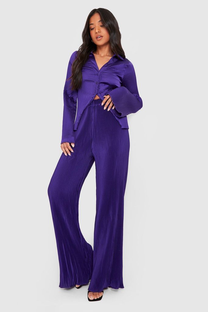 Womens Petite Satin Plisse Trouser - Purple - 8, Purple