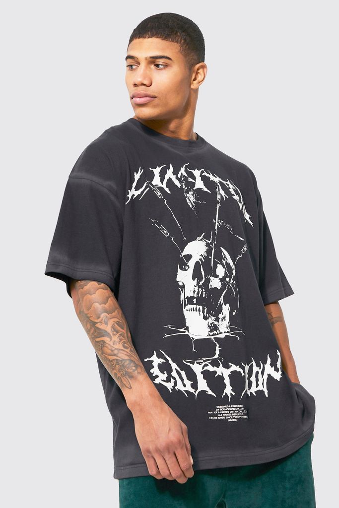 Men's Oversized Washed Graphic Skull T Shirt - Black - S, Black