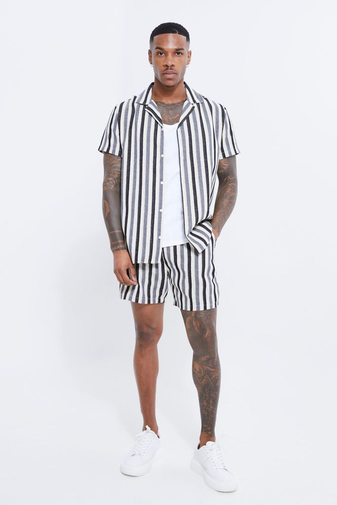 Men's Short Sleeve Revere Linen Look Stripe Shirt & Short Set - Beige - S, Beige