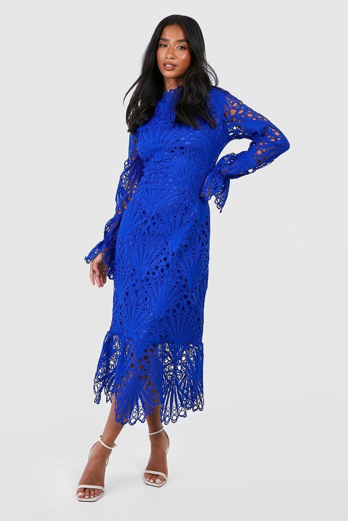 Womens Petite Premium Lace High Neck Puff Sleeve Midi Dress - Blue - 6, Blue