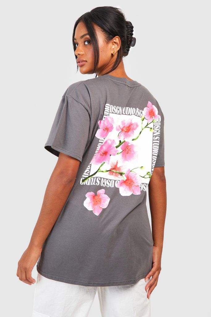 Womens Oversized Dsgn Studio Floral Back Print T-Shirt - Grey - L, Grey