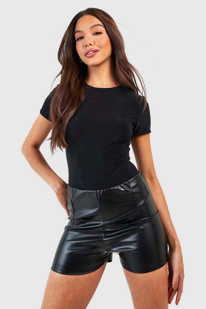 Womens Faux Leather Pintuck Shorts - Black - 10, Black