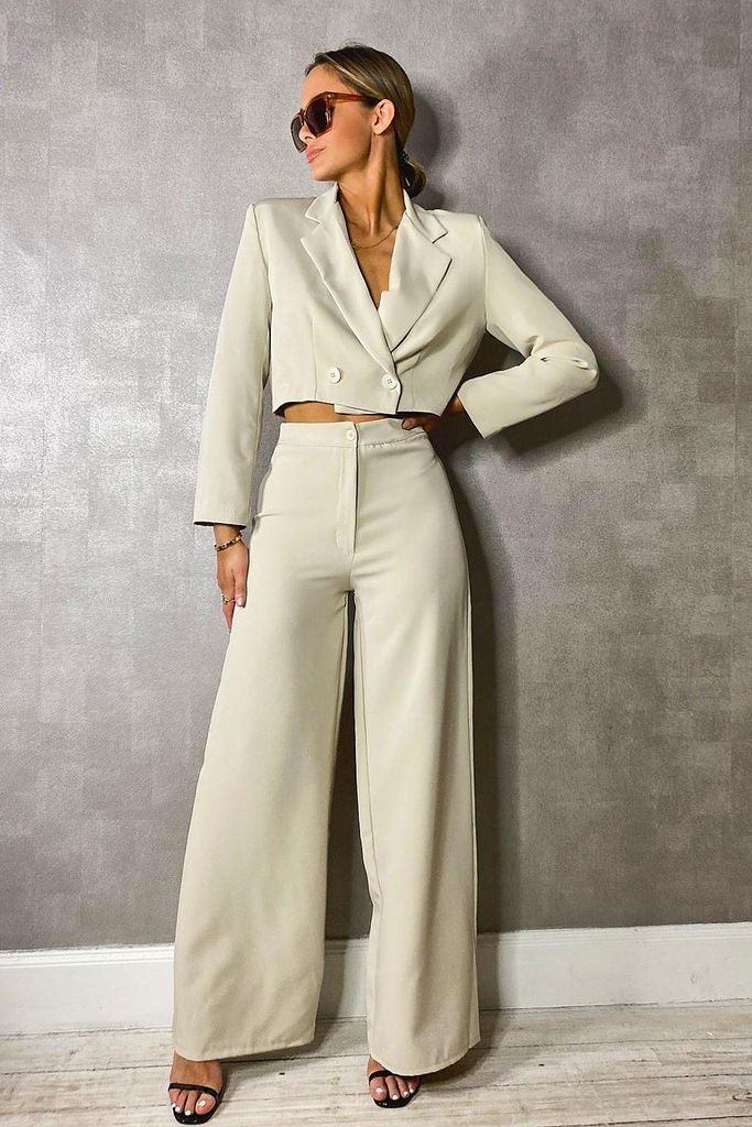 Womens Woven Tailored Cropped Blazer - Beige - 8, Beige