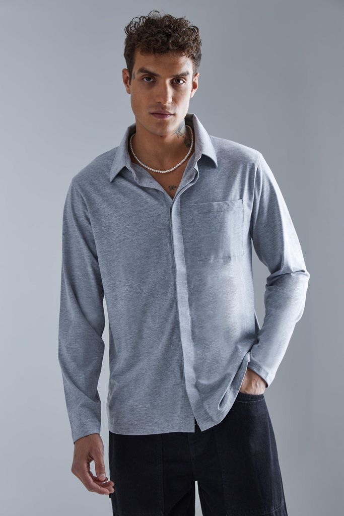 Men's Concealed Placket Jersey Overshirt - Grey - S, Grey