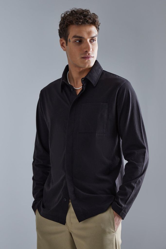 Men's Concealed Placket Jersey Overshirt - Black - S, Black