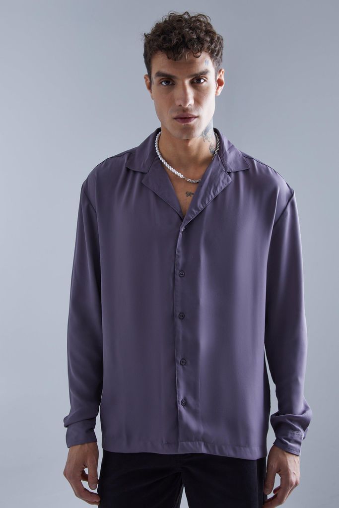 Men's Long Sleeve Drop Revere Sateen Look Shirt - Grey - S, Grey