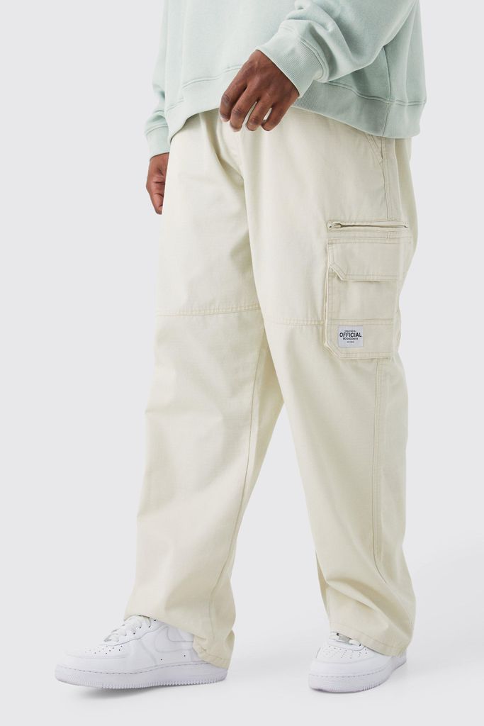 Men's Plus Fixed Ripstop Cargo Zip Trouser With Woven Tab - Beige - 38, Beige