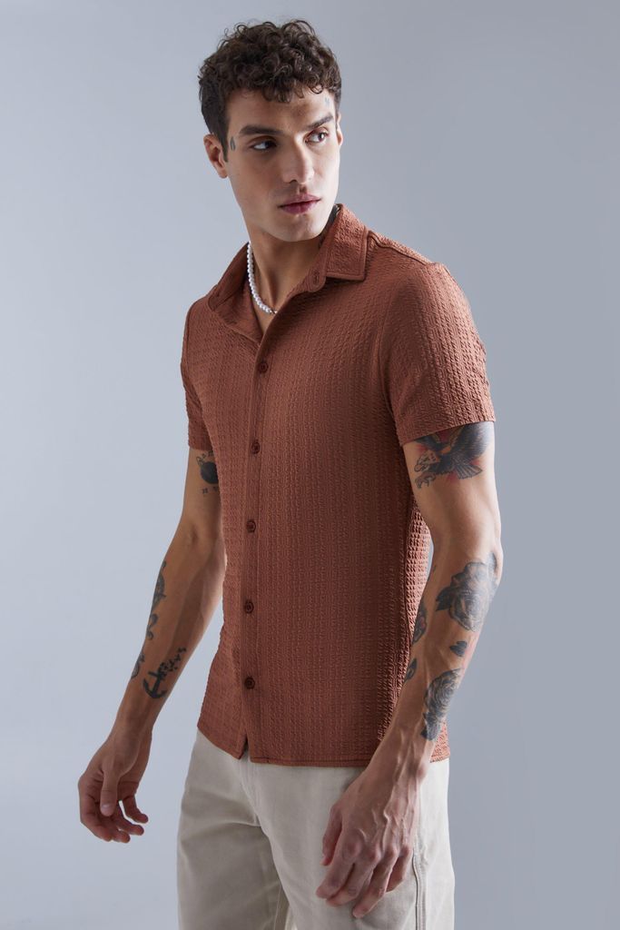 Men's Short Sleeve Muscle Textured Shirt - Brown - S, Brown