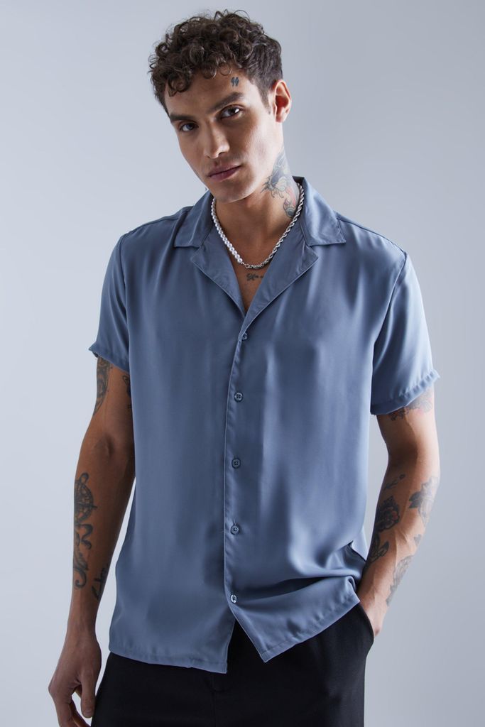 Men's Short Sleeve Revere Sateen Look Shirt - Blue - S, Blue