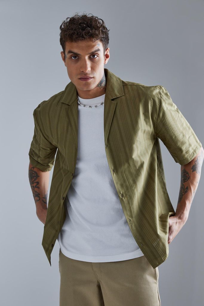 Men's Short Sleeve Tonal Stripe Drop Revere Shirt - Green - S, Green