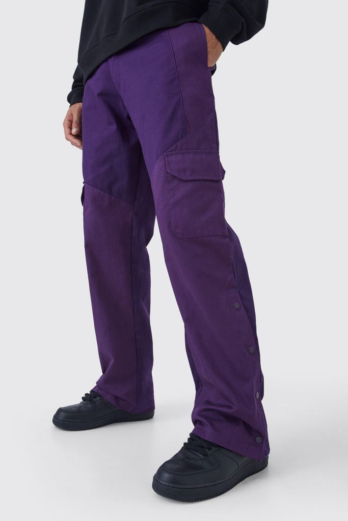 Men's Tall Slim Fit Colour Block Cargo Trouser With Woven Tab - Purple - 30, Purple