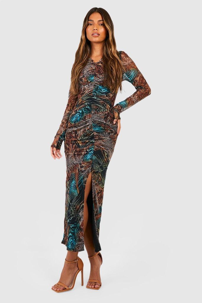 Womens Abstract Animal Meshruched Midaxi Dress - Brown - 8, Brown