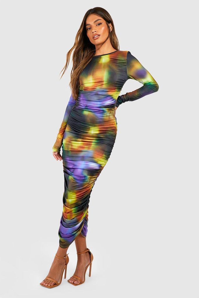Womens Abstract Slinky Long Sleeve Midaxi Dress - Multi - 10, Multi