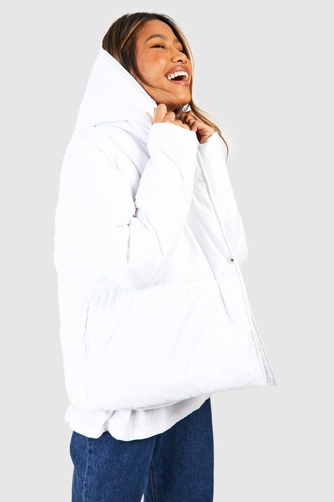 Womens Asymmetric Hooded Puffer Jacket - White - 10, White