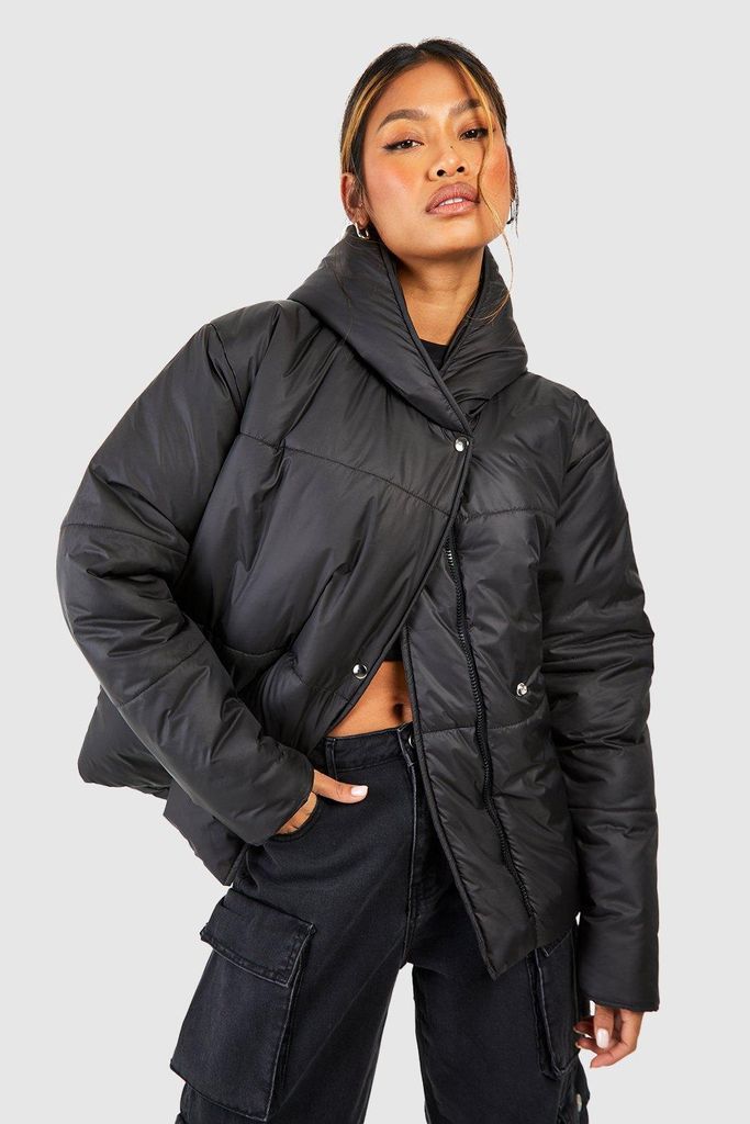 Womens Asymmetric Hooded Puffer Jacket - Black - 10, Black