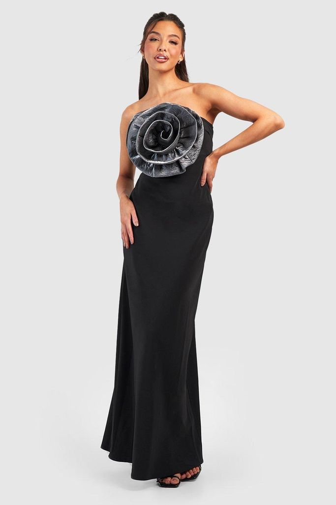 Womens Contrast Metallic Rose Bandeau Column Maxi Dress - Black - 8, Black