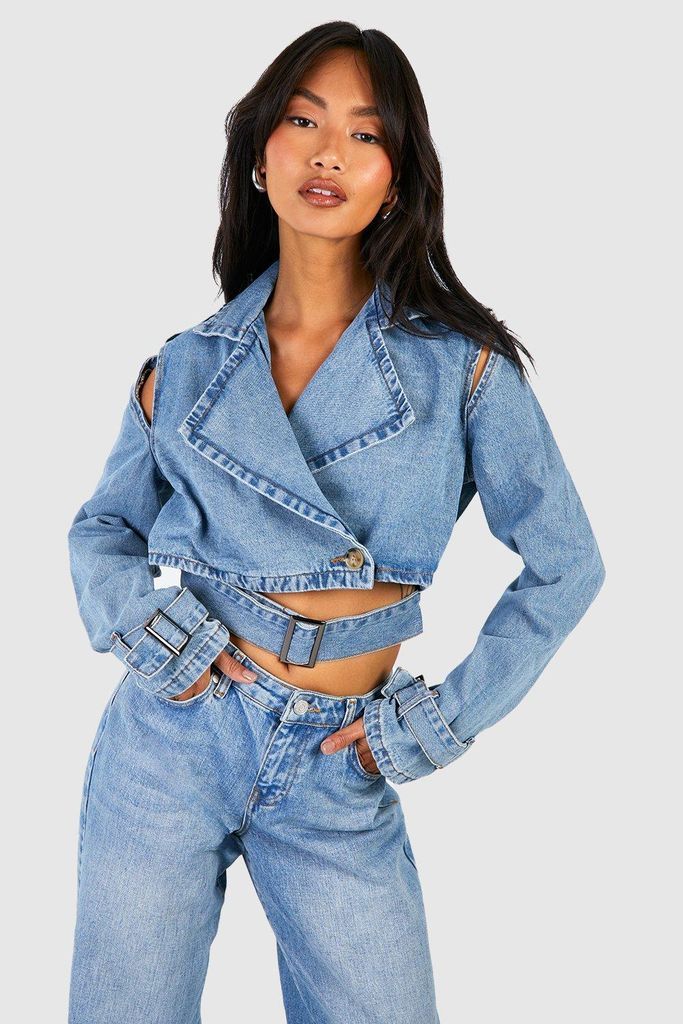 Womens Cropped Denim Trench Jacket - Blue - 6, Blue
