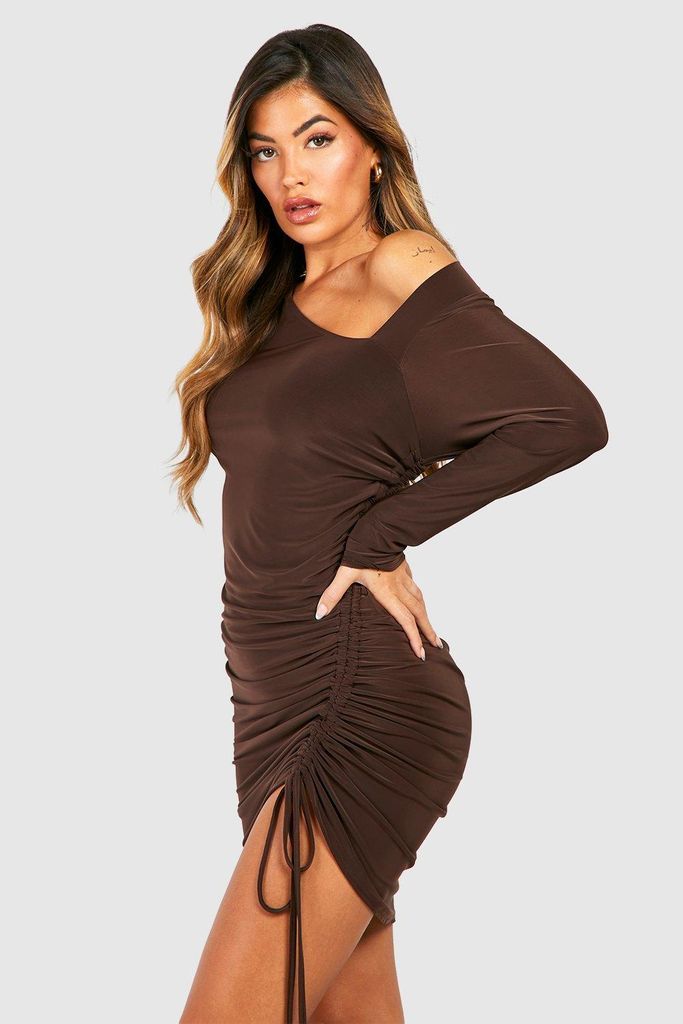 Womens Double Slinky Rouched Asymmetric Midaxi Dress - Brown - 8, Brown