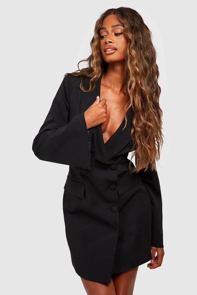 Womens Flared Sleeve Wrap Front Tailored Blazer Dress - Black - 6, Black