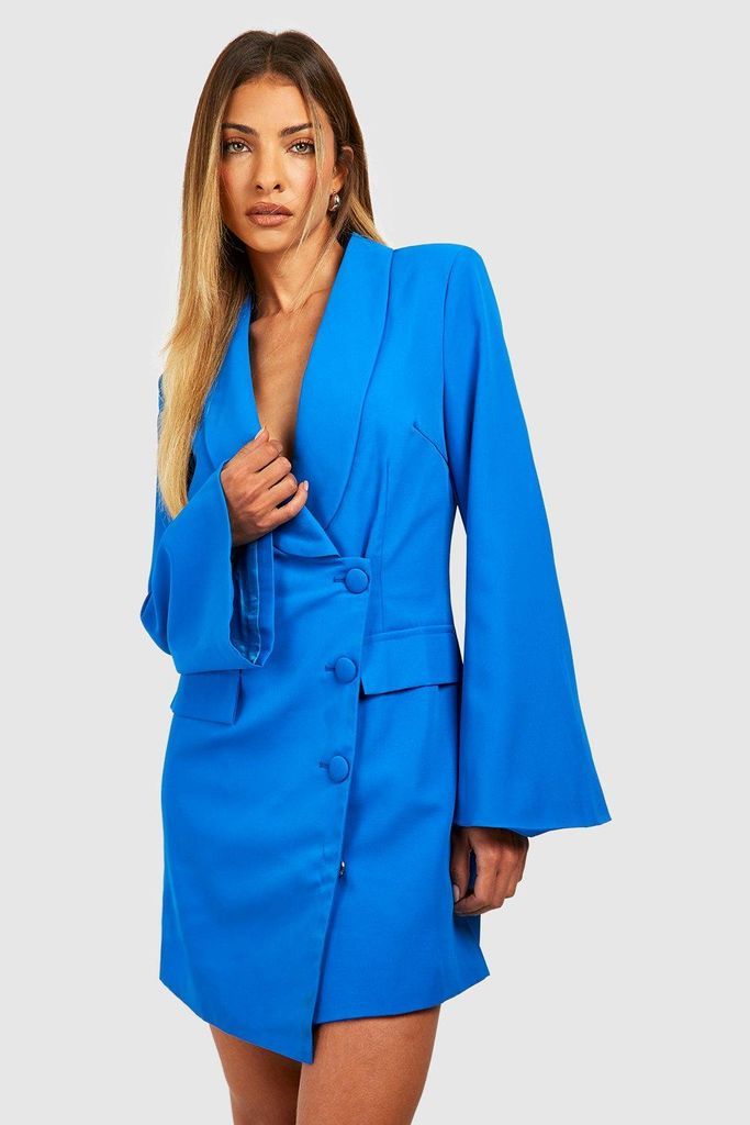 Womens Flared Sleeve Wrap Front Tailored Blazer Dress - Blue - 6, Blue