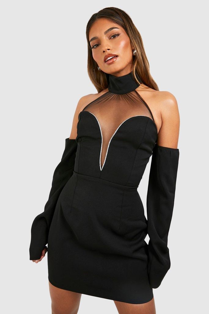 Womens Glitter Trim Detail Panelled Halterneck Mini Dress - Black - 8, Black