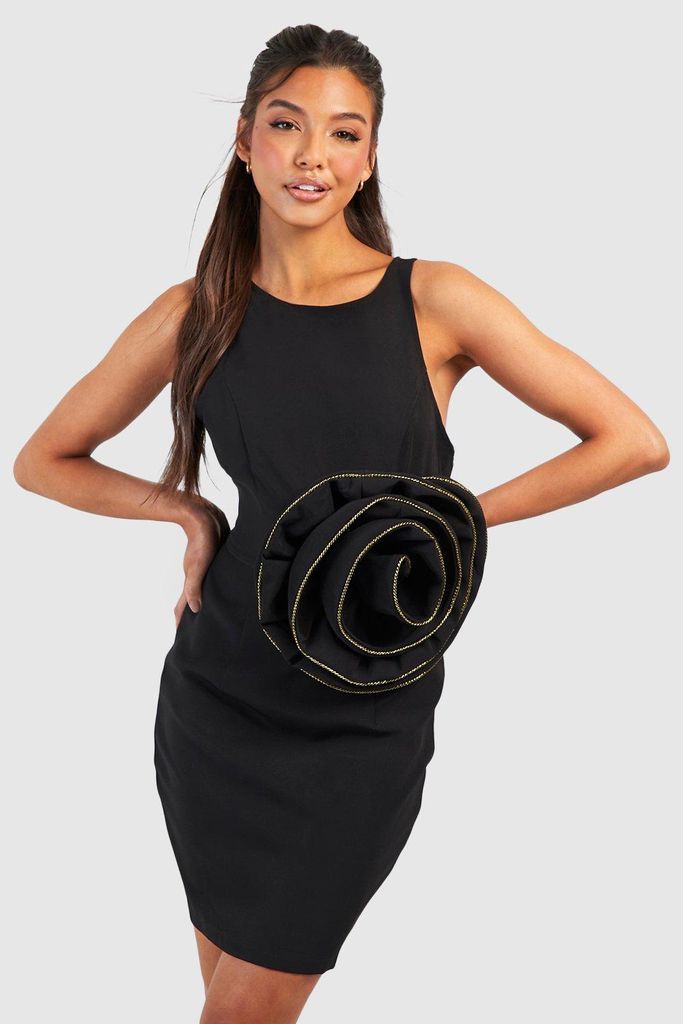 Womens Gold Rose Detail Mini Dress - Black - 8, Black
