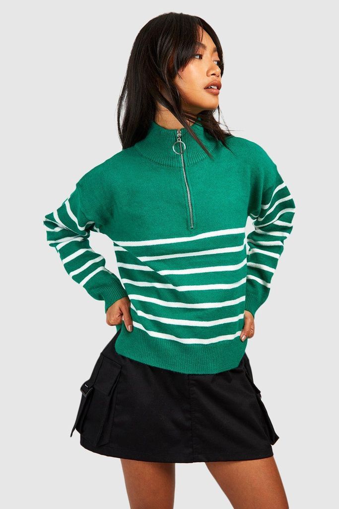 Womens Half Zip Stripe Knit Jumper - Green - S/M, Green