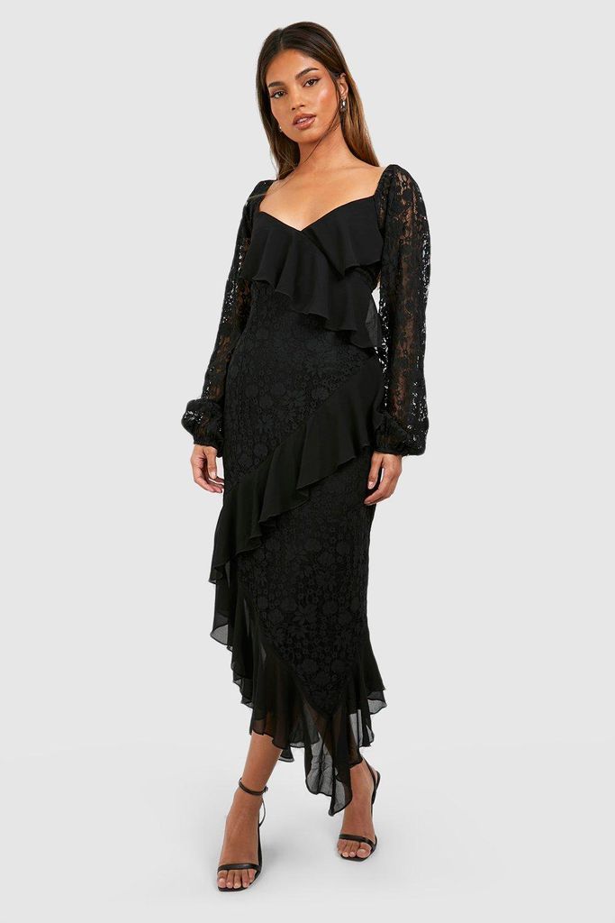 Womens Lace Panelled Ruffle Midi Dress - Black - 8, Black