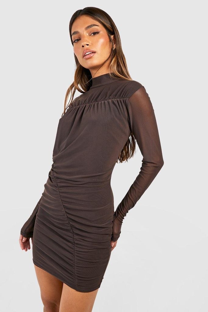 Womens Mesh Ruched High Neck Mini Dress - Brown - 8, Brown