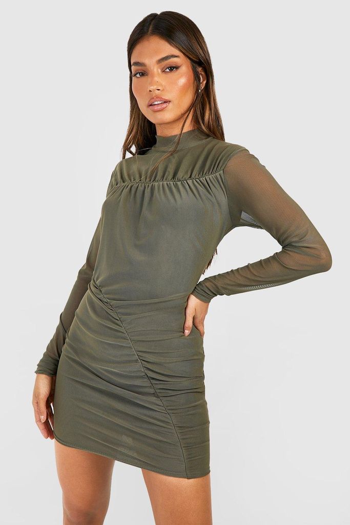 Womens Mesh Ruched High Neck Mini Dress - Green - 8, Green