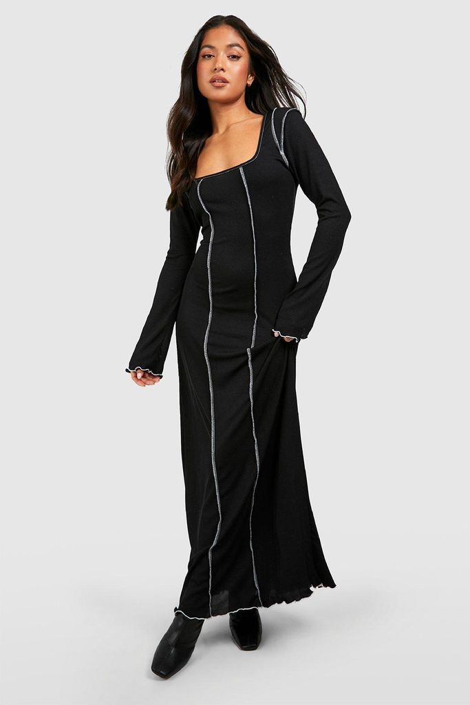 Womens Petite Rib Contrast Seam Detail Square Neck Maxi Dress - Black - 6, Black