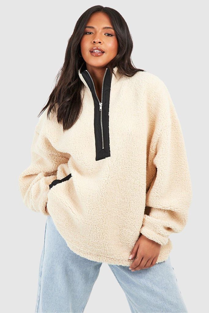 Womens Plus High Neck Half Zip Contrast Sweatshirt - Beige - 16, Beige