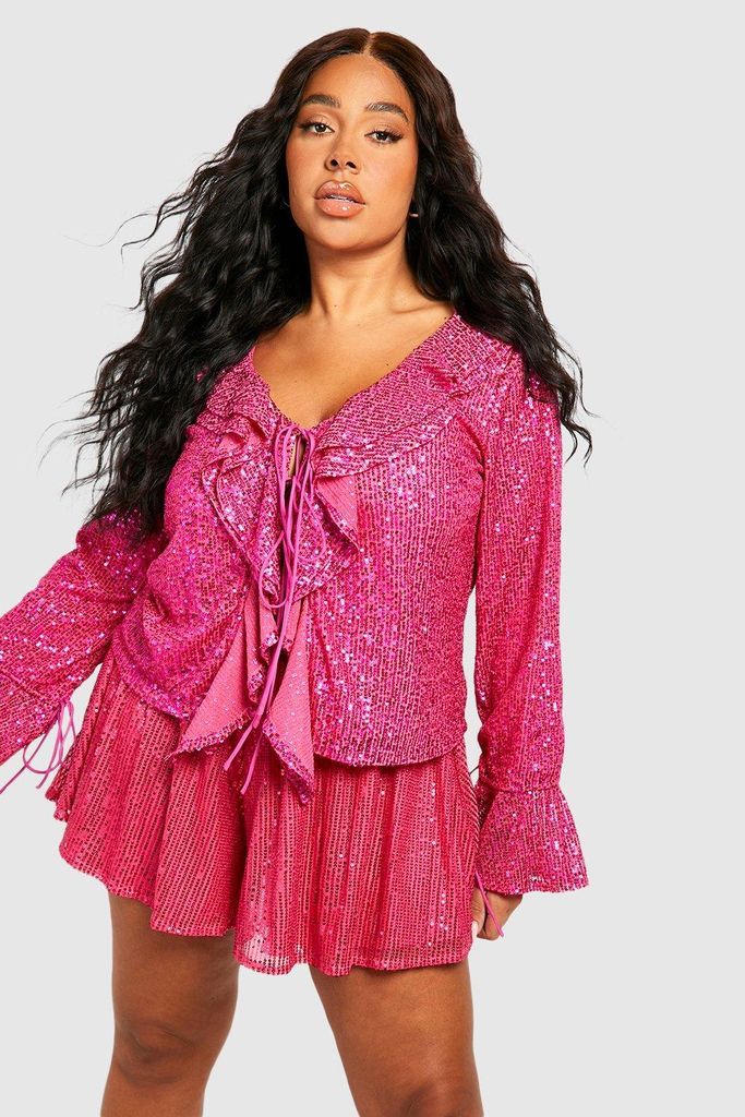Womens Plus Sequin Ruffle Tie Front Blouse - Pink - 28, Pink