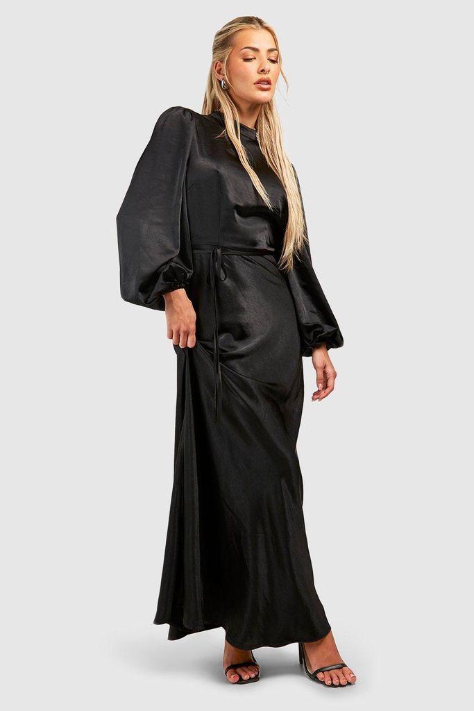 Womens Satin High Neck Balloon Sleeve Maxi Dress - Black - 8, Black