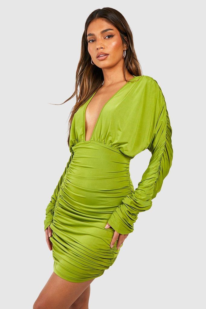 Womens Slinky Ruched Plunge Mini Dress - Green - 8, Green