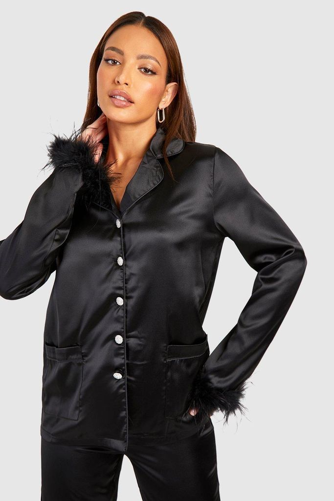 Womens Tall Fluffy Feather Trim Diamante Button Satin Shirt - Black - 6, Black