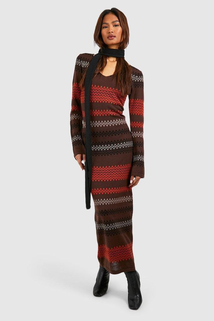 Womens Tall Zig Zag Fine Gauge Floaty Knitted Maxi Dress - Brown - 8, Brown