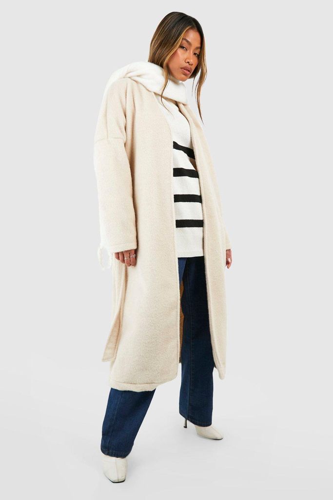 Womens Textured Wool Look Belted Coat - White - 8, White