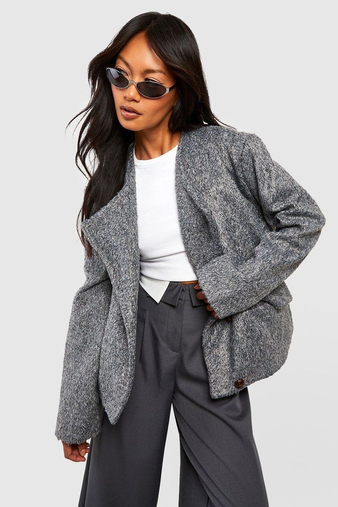 Womens Collarless Asymmetric Textured Jacket - Grey - 8, Grey