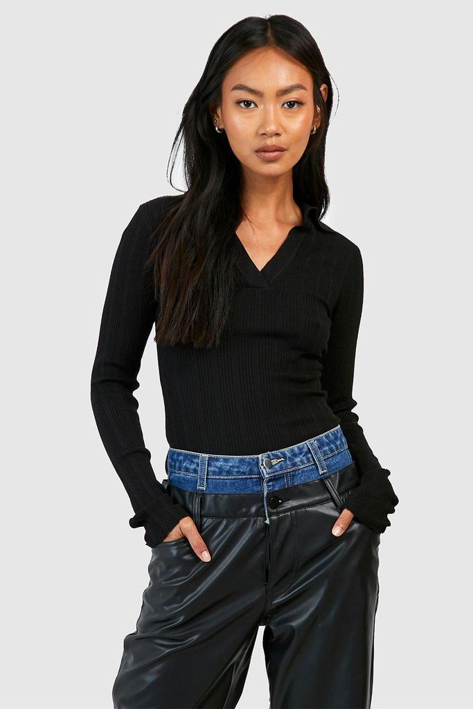 Womens Rib Knit Polo Collar Top - Black - S, Black
