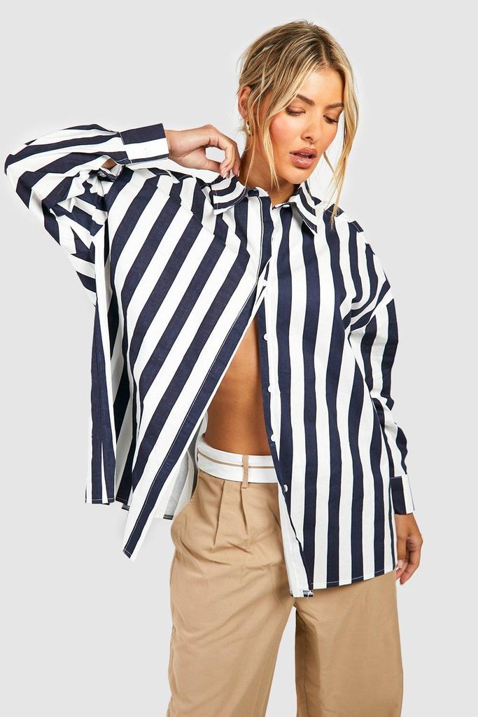 Womens Wide Stripe Drop Shoulder Shirt - Navy - 6, Navy
