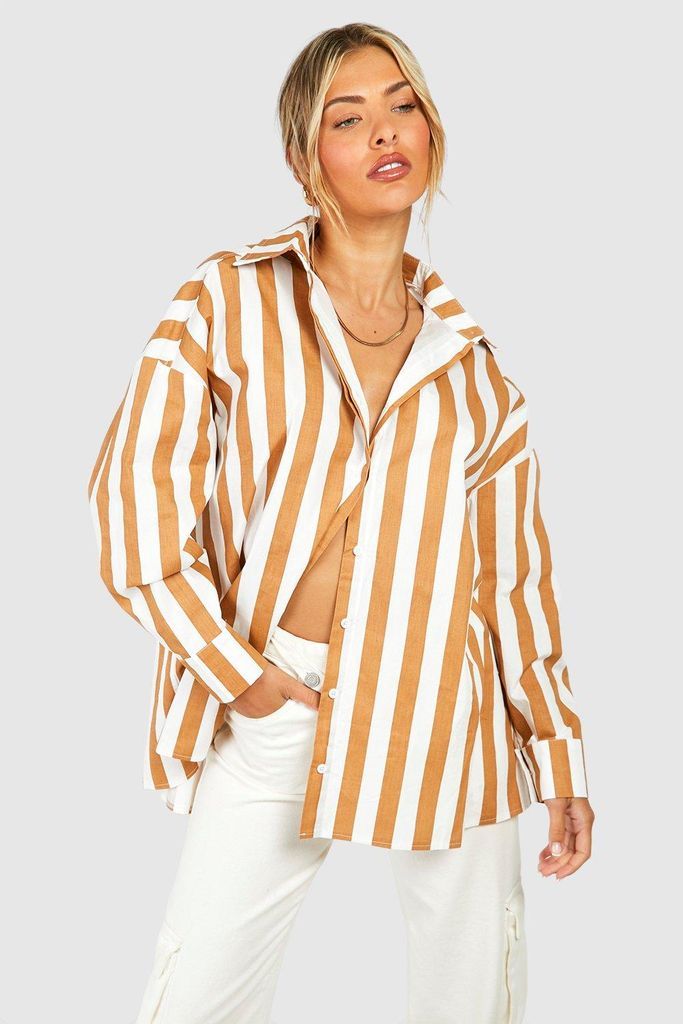 Womens Wide Stripe Drop Shoulder Shirt - Brown - 6, Brown